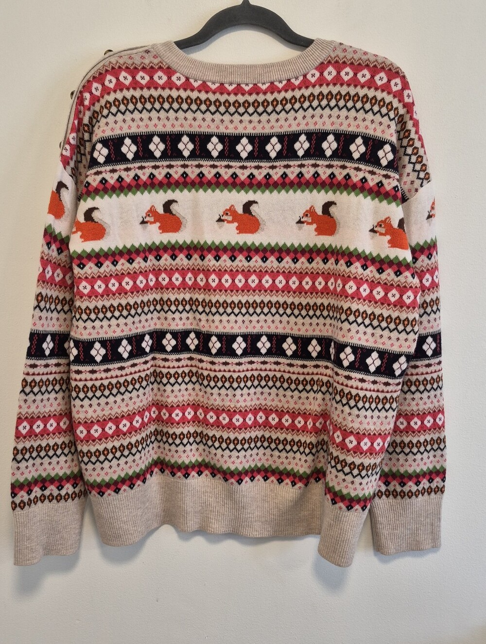 Talbots Squirrel Fair Isle Sweater Button Shoulder Crewneck Beige/Orange Size XL - Picture 8 of 12